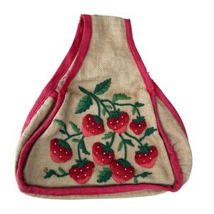 VTG 60s Handmade Jute Burlap Embroidered Strawberries Fruit Handbag Purse Tan